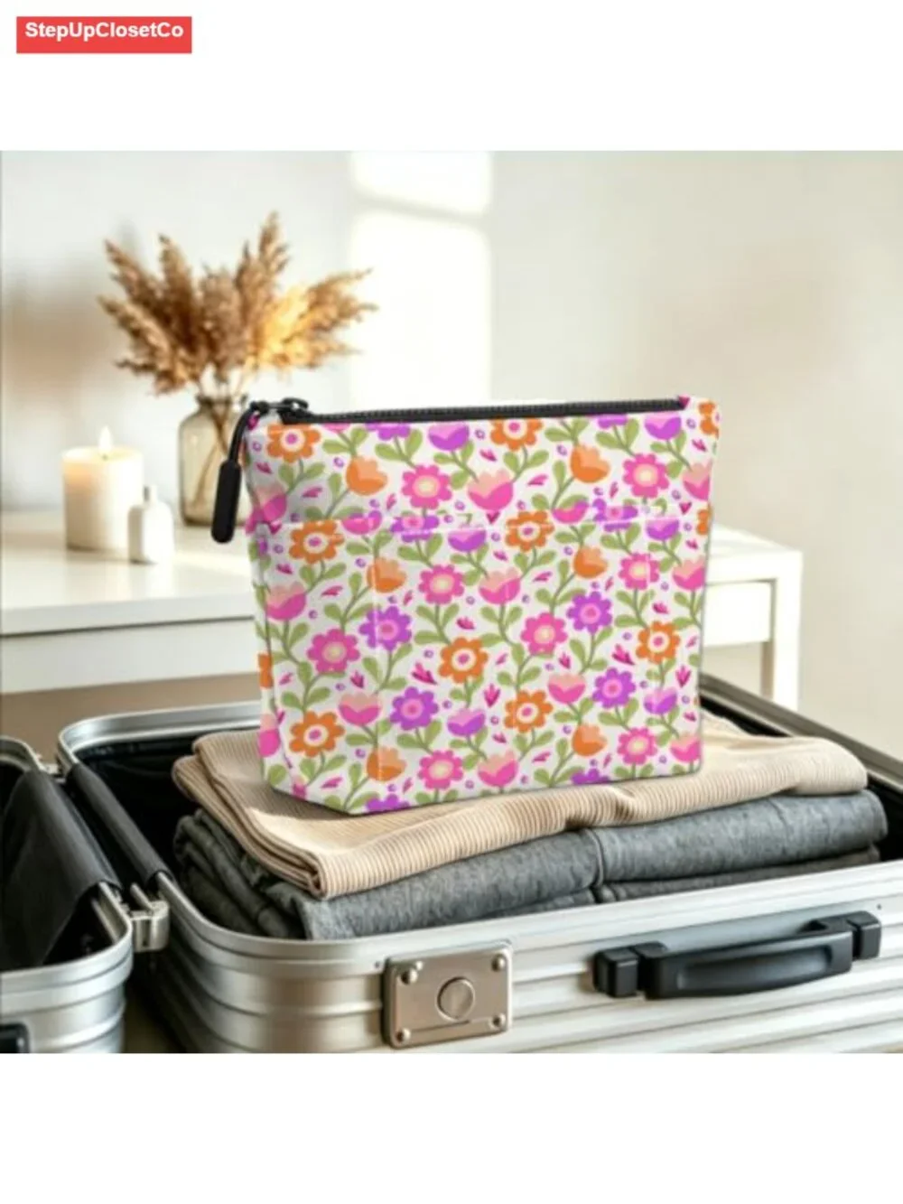 Vintage Floral Makeup Bag with External Pockets, Portable Travel Toiletry